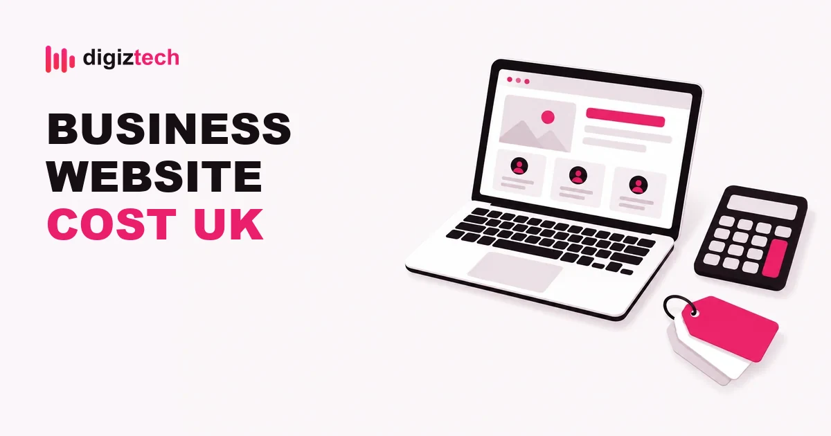 business website cost uk - Flat illustration of a laptop showing a website layout, a calculator and price tags