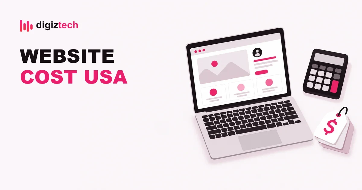 business website cost - Flat illustration of a laptop showing a website layout, a calculator and dollar price tags