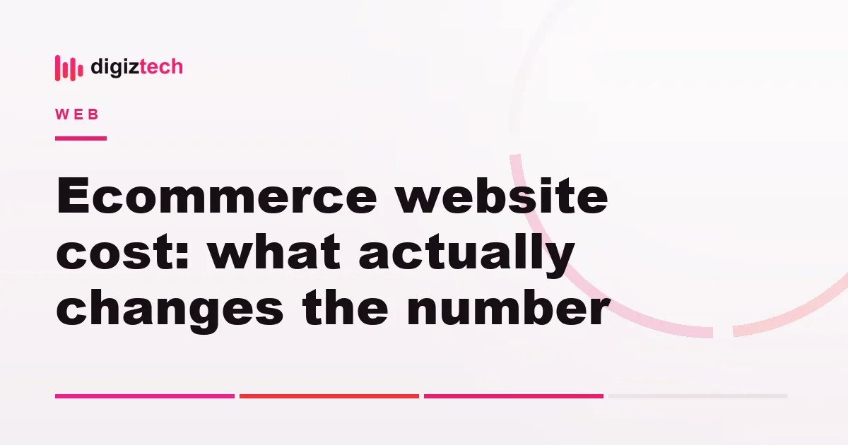 ecommerce website cost - Flat illustration of a shopping trolley, a stacked bar chart and a price tag