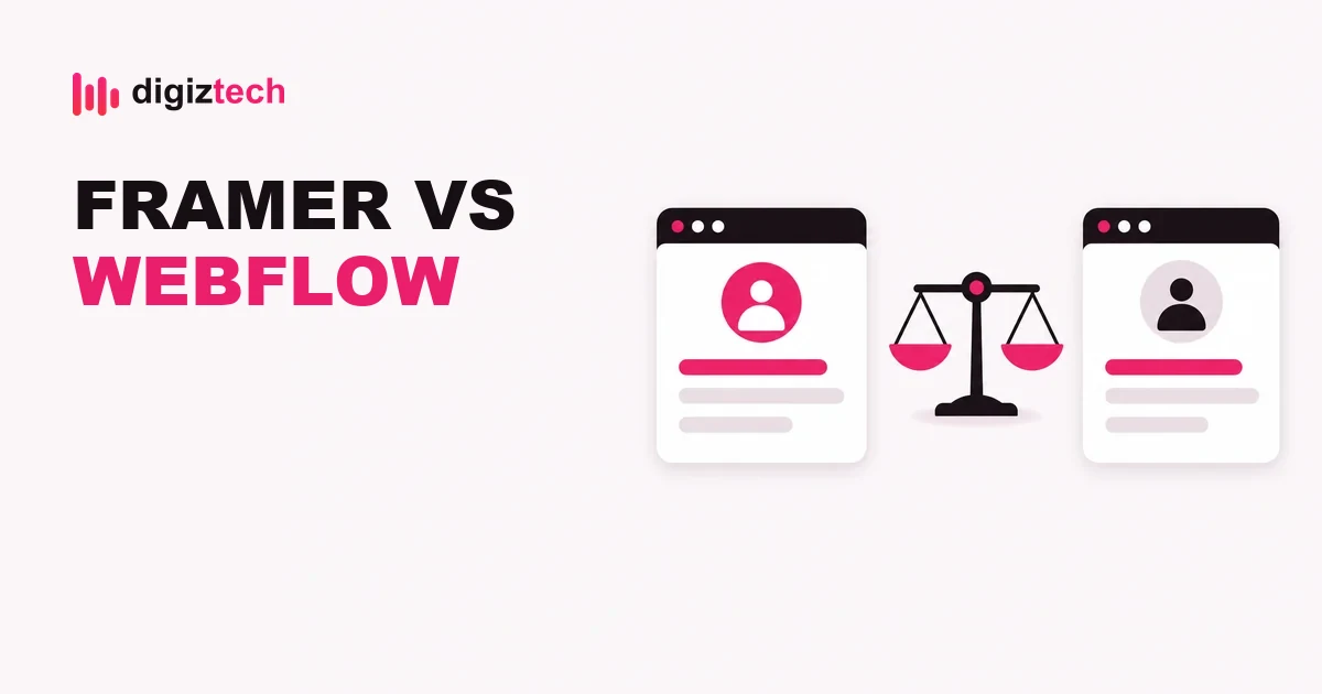 framer vs webflow - Flat illustration of two browser window cards with a balance scale between them