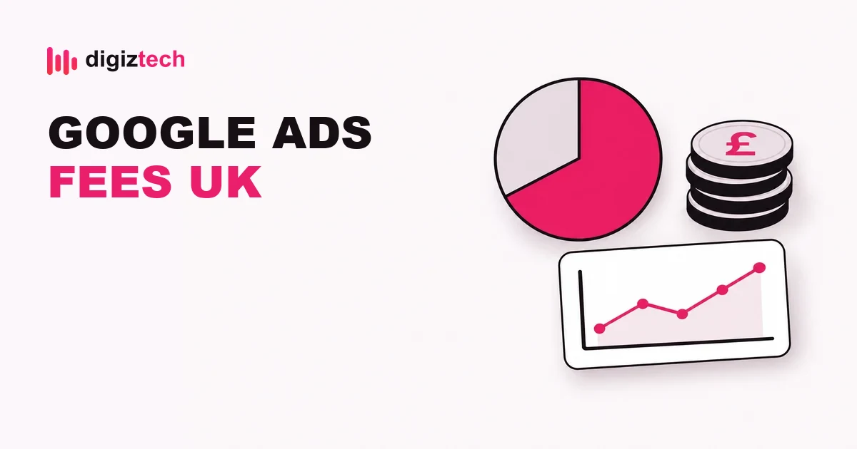 google ads management fees uk - Flat illustration of a pie chart, a stack of pound coins and a line graph card