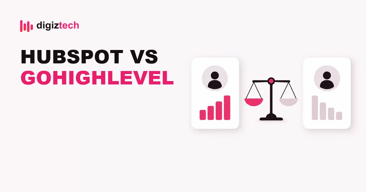 hubspot vs gohighlevel - Flat illustration of two dashboard cards and a balance scale