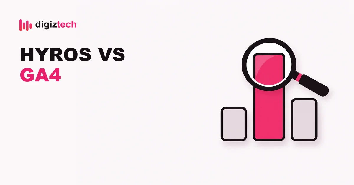 hyros vs ga4 - Flat illustration of three bar charts of different heights with a magnifying glass