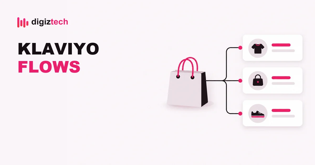 klaviyo flows setup - Flat illustration of a branching flow diagram and a shopping bag