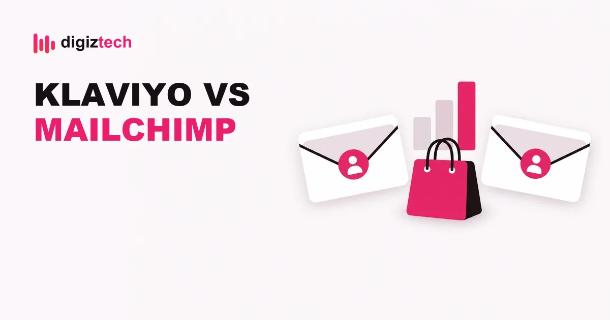 klaviyo vs mailchimp - Flat illustration of two envelope cards, a shopping bag and a small bar chart