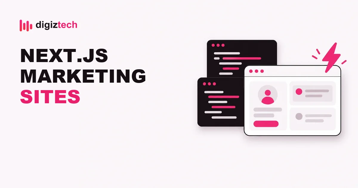 next.js marketing website - Flat illustration of a browser window over stacked code blocks with a lightning bolt