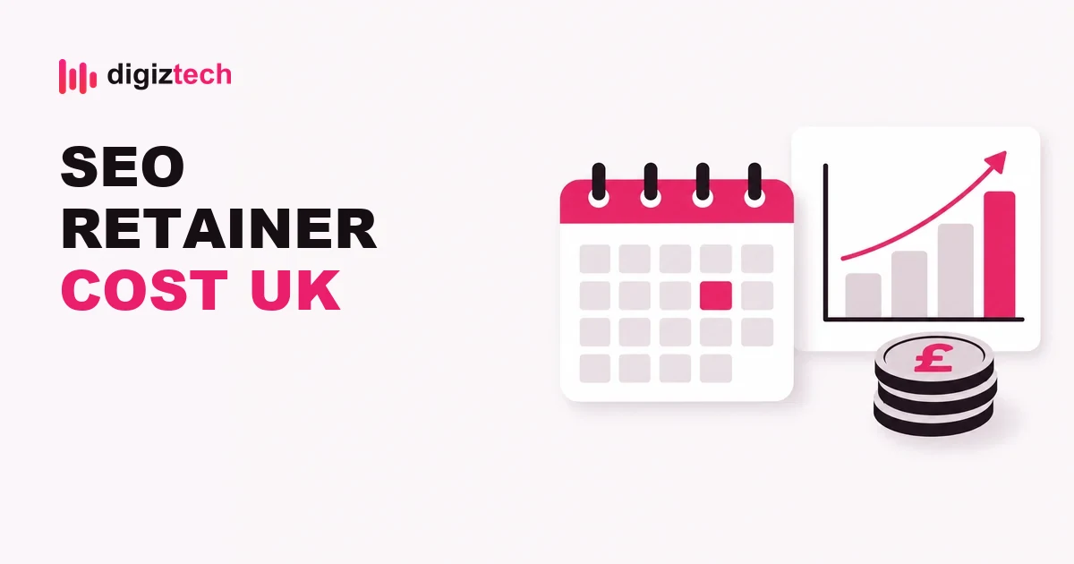 seo retainer cost uk - Flat illustration of a calendar, a rising bar chart and a stack of pound coins
