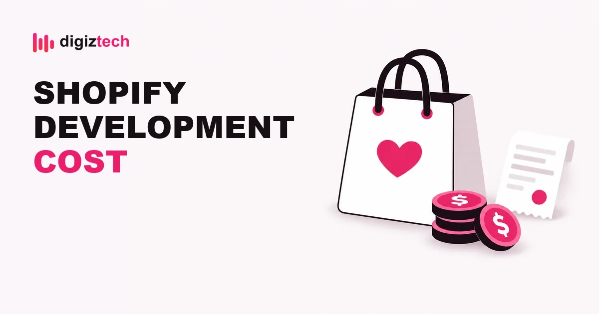 shopify development cost - Flat illustration of a shopping bag, a receipt and a stack of dollar coins