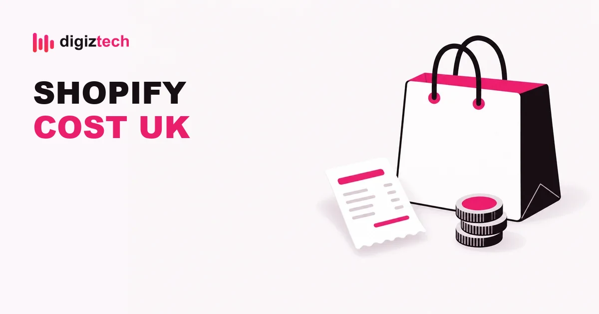 shopify store cost uk - Flat illustration of a shopping bag, a receipt and a stack of pound coins