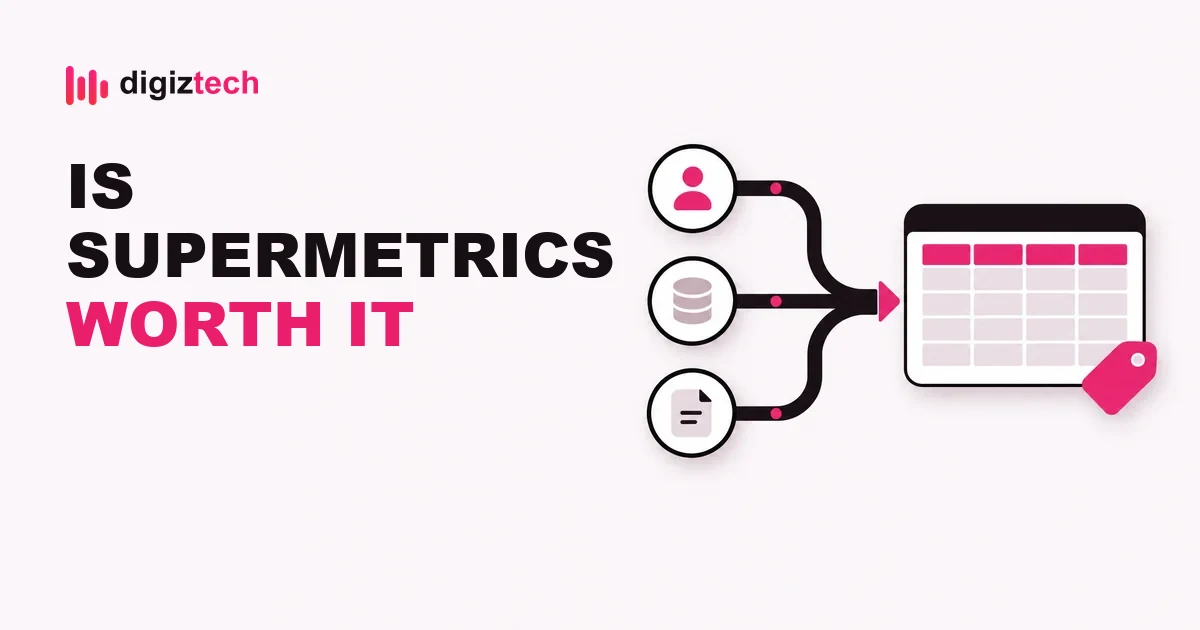 supermetrics worth it - Flat illustration of data pipes converging into a spreadsheet card with a price tag