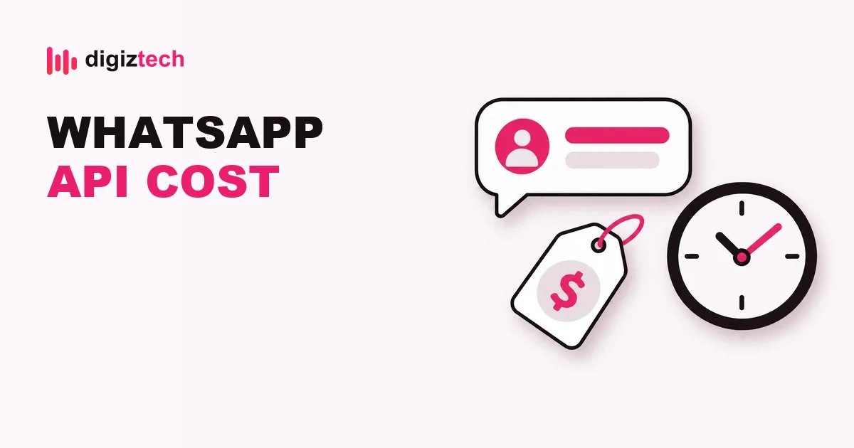 whatsapp business api cost - Flat illustration of a chat bubble, a price tag and a clock