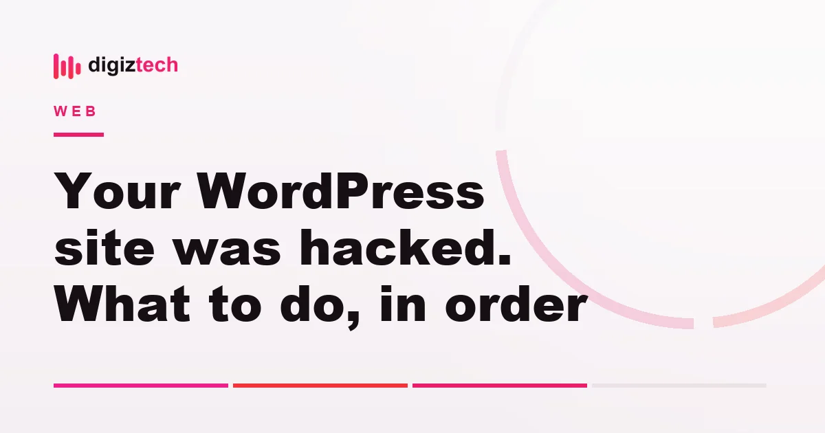 wordpress site hacked - Flat illustration of a cracked shield, a browser window and a warning triangle